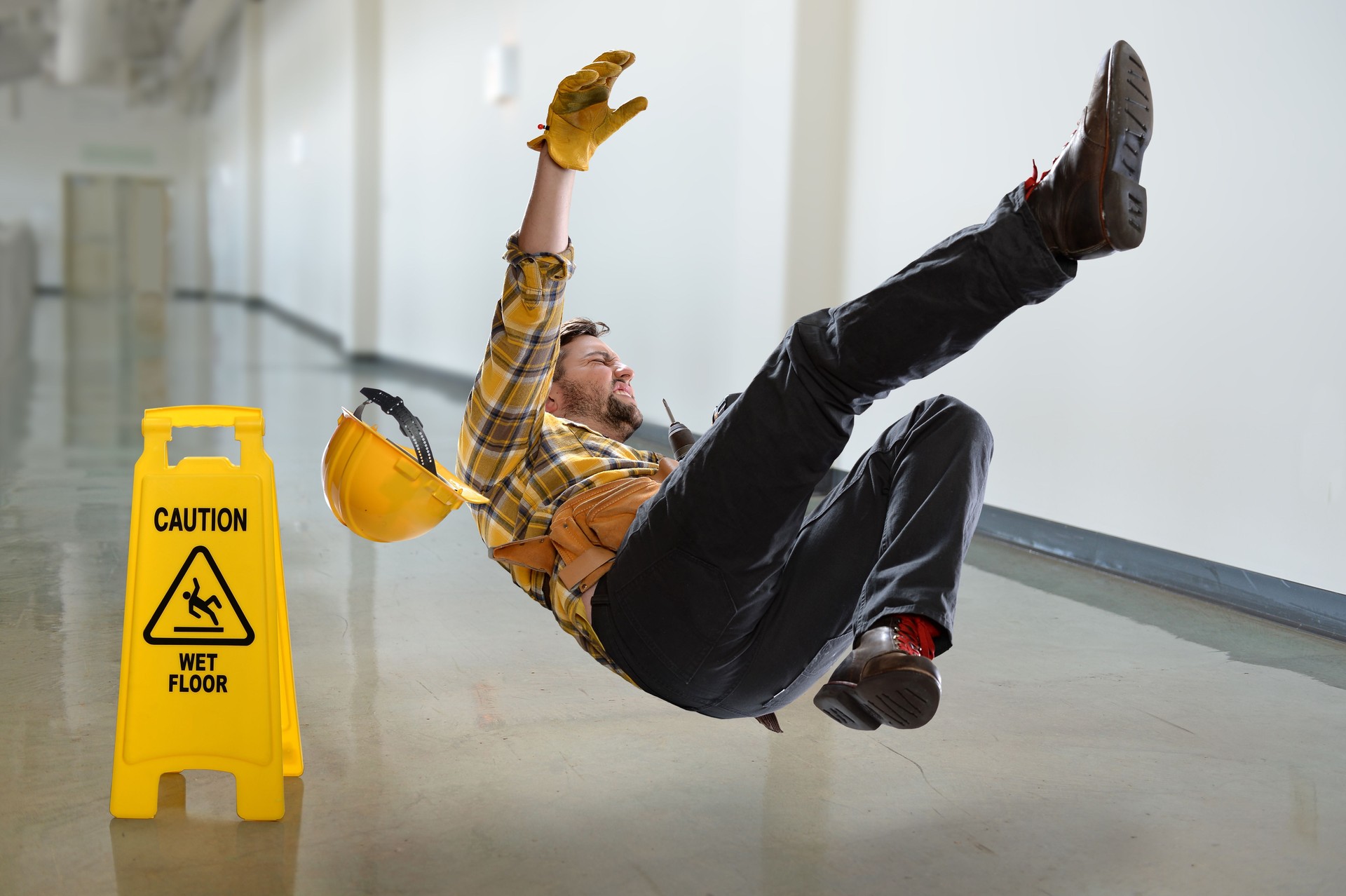 Worker Falling on Wet Floor